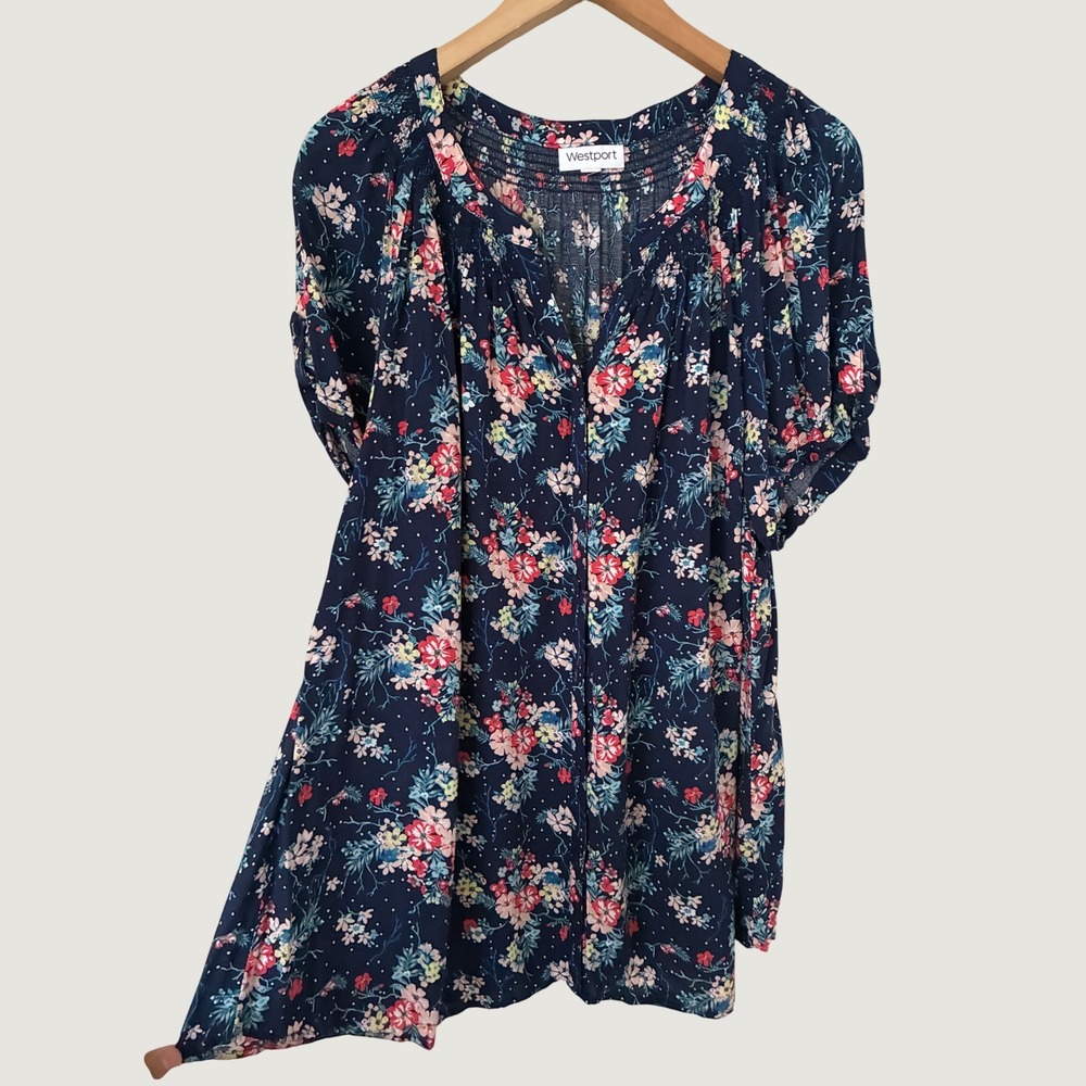 Westport Navy Floral Smocked Split Neck Puff Sleeve Blouse 3X Rayon